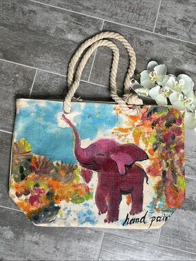 Hand-Painted Pink Elephant Canvas Tote
